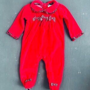 Vintage Baby Girl Sleeper Red Velvet Red Green Plaid Bows Christmas Pajamas